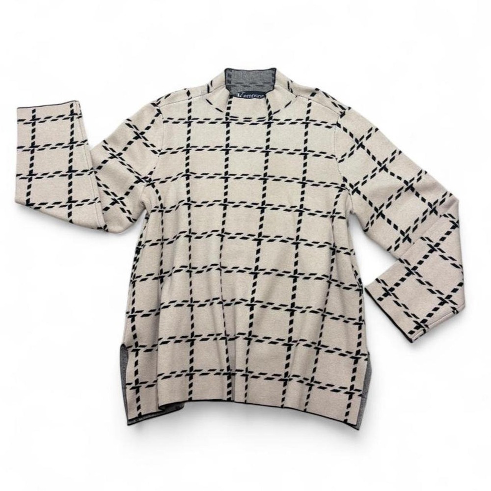 Mock Neck Sweater 3X Vintage Style Cream Black Grid Pattern Kempson Soft Girl